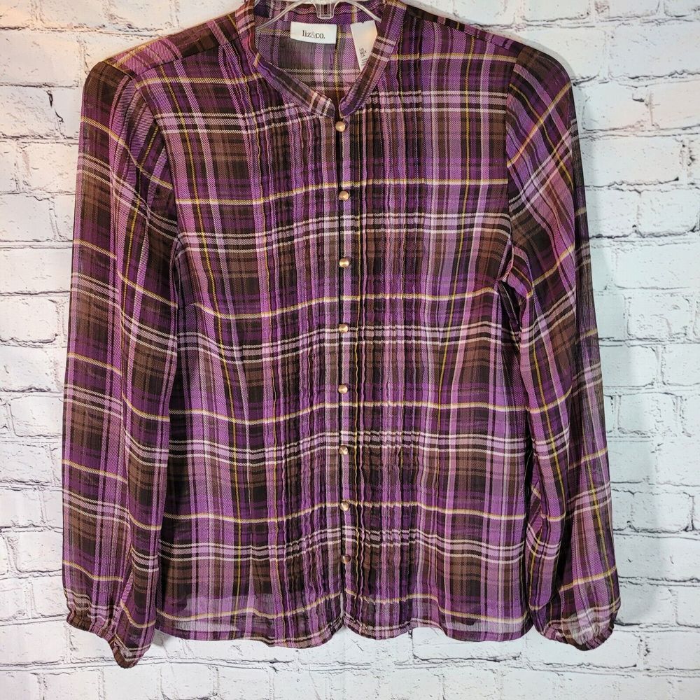 Liz & Co Plaid Blouse Womens Large Purple Excellent Pintuck Gold Button Chiffon